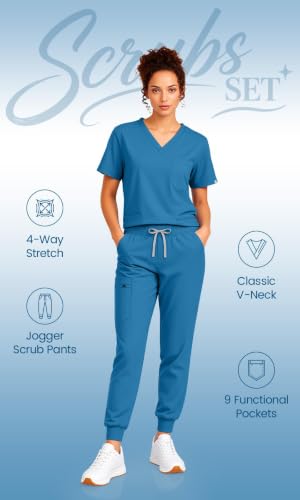 Scrubs for Women Set, V-Neck Top & Jogger Pants - color: Caribbean Blue, size: Large