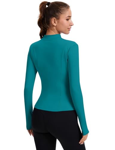 Rapbin Women's Full Zip Workout jackets Runing Slim Fit Athletic Tops With Thumb Holes - color: Blue Green, size: Medium