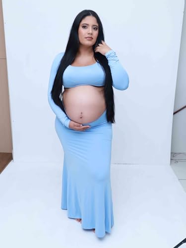 Women's Maternity Elegant Fitted Maxi Dress for Photoshoot - color: Light Blue, size: Small