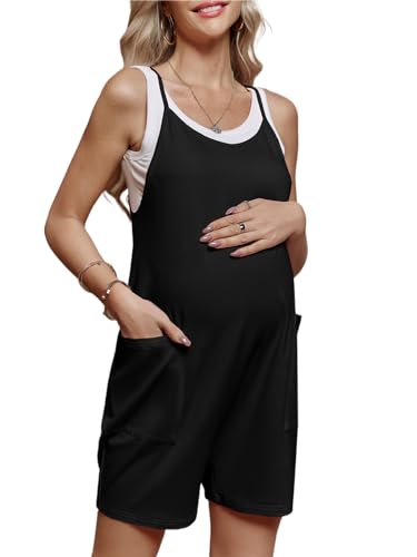FMEYOA Maternity Romper Sleeveless Overall Shorts Jumpsuit with Pockets - color: Black, size: Medium