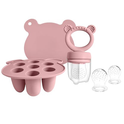 BigSpinach Silicone Baby Food Freezer Tray with Teething Popsicle Molds - Baby Fruit Feeder and Breastmilk Teether Combo - color: Pink