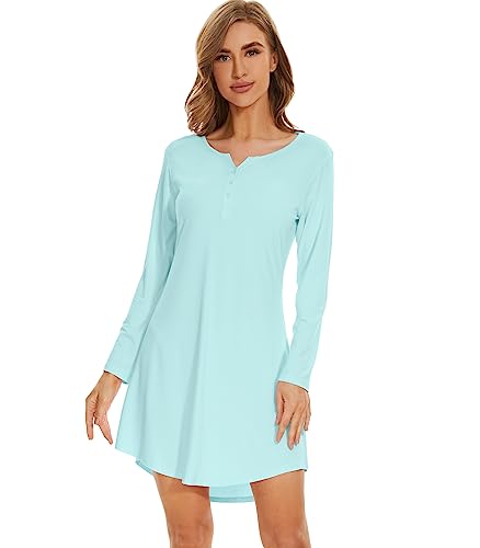 WiWi Women's Viscose from Bamboo Nightgown Long Sleeve Nightshirt Soft Sleep Dress Loose Comfy Pajama Sleepwear S-XXL - color: A-aqua, size: XX-Large