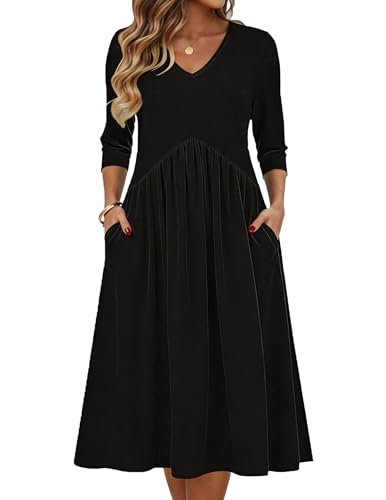 Zeagoo Summer Dresses for Women 2026 3/4 Sleeve Casual Midi Tshirt Dresses - color: 01 Solid Black, size: X-Large