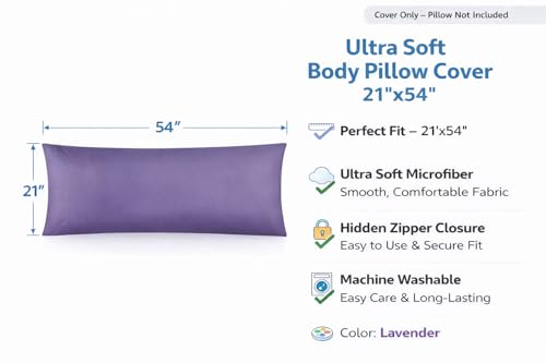EVOLIVE Body Pillow Cover 21"x54", Microfiber, Hidden Zipper (Lavender) - color: Lavender
