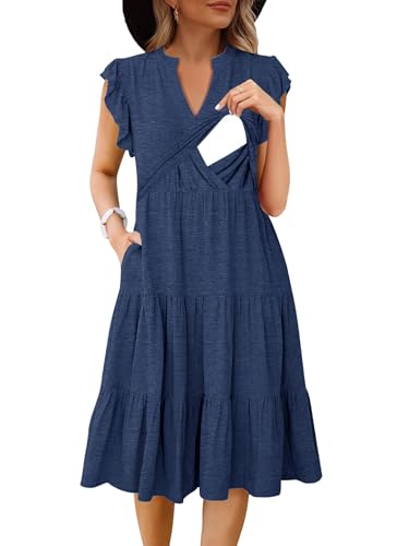 CzzzyL Womens Nursing Midi Dress Breastfeeding Sleeveless Tiered Pockets - color: Grayblue, size: Large