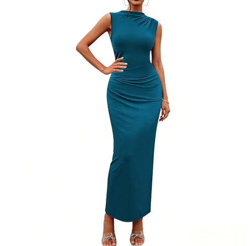 Bluetime Women's Ruched Bodycon Maxi Dresses Sleeveless Slim Fit Summer Dress Elegant Cocktail Slit Wedding Guest Dress - color: Dark Blue, size: Small