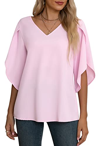 Jouica Women's 3/4 Ruffled Sleeve Blouses Summer Chiffon Casual Loose Tops - color: 01light Pink, size: Small