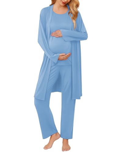 Ekouaer Maternity Pajamas Nursing Robe Set 3 Pieces Post Partum Lounge Sets - color: Light Blue, size: Large