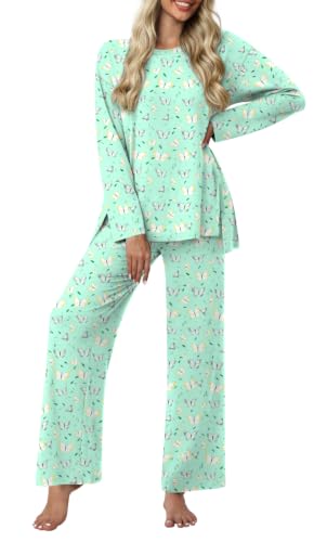 Netsmile Women Pajamas Sets 2 Piece Lounge Sets Fall Pjs Postpartum Outfits - color: Colorful Butterfly Green, size: Medium