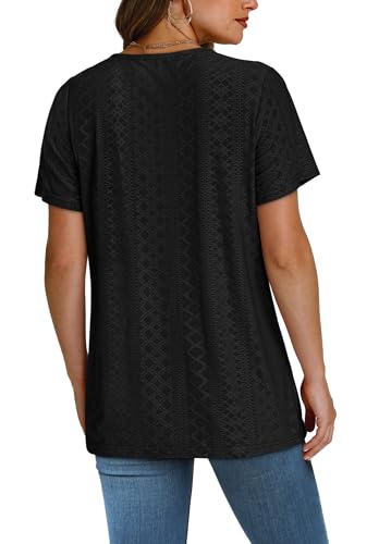 SAMPEEL Women's Eyelet Crossed V Neck Short Sleeve T-Shirt - color: All Black, size: X-Large