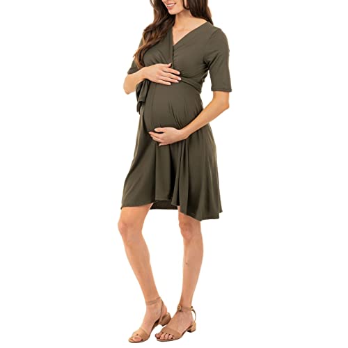 Mother Bee Maternity Knee Length Wrap Dress with Adjustable Belt - color: Dkolive, size: Large