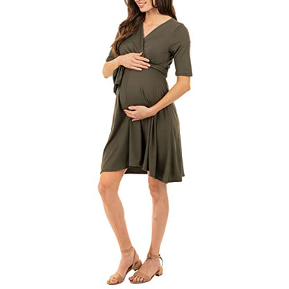 Mother Bee Maternity Knee Length Wrap Dress with Adjustable Belt - color: Dkolive, size: Medium