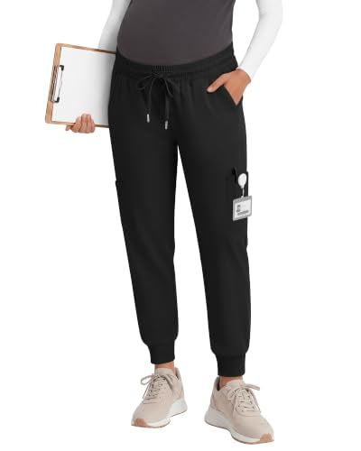 Xaatren Women's Maternity Scrub Joggers Pants with 6 Pockets - color: Black, size: Small