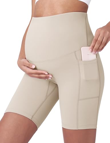 POSHDIVAH Maternity Biker Shorts Over the Belly with Pockets 5"/8" - color: Khaki, size: Medium