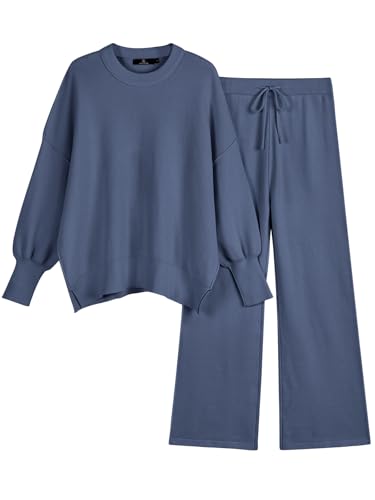 LILLUSORY Women 2 Piece Matching Lounge Sweater Sets 2026 Fall Outfit - color: Dusty Blue, size: X-Large