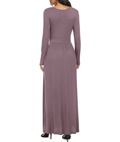 LILBETTER Women Long Sleeve Deep V Neck Loose Plain Long Maxi Casual Dress - color: Mauve, size: Large