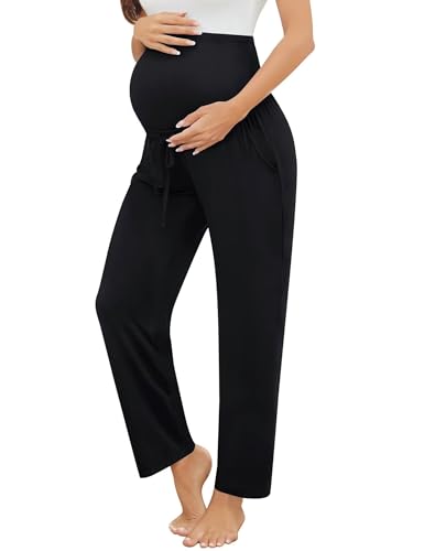 SWOMOG Women's Maternity Pajama Pants Over The Belly Pregnancy Pants with Pockets Black Large