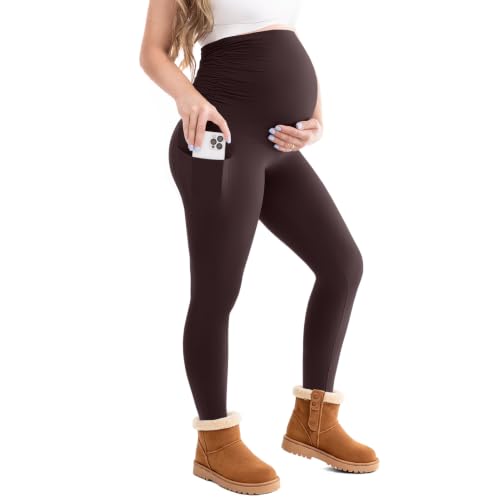 Leafigure Maternity Fleece Lined Leggings with Pockets - color: Brown, size: Medium