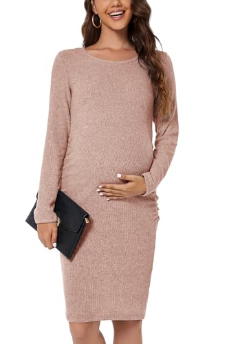 Smallshow Women's Knit Maternity Dress Long Sleeve Pregnancy Clothes - color: Brown, size: Large