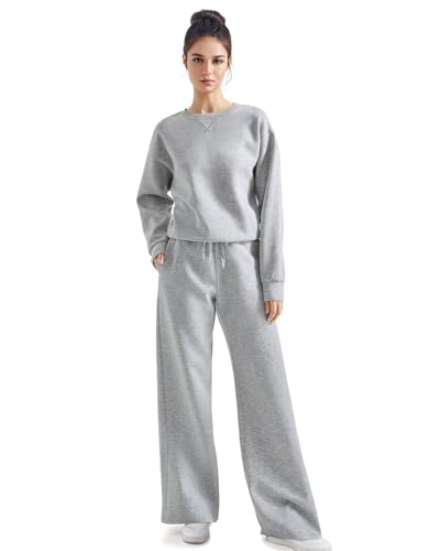 SUUKSESS Women 2 Piece Outfits Fall Oversized Sweatshirt Wide Leg Pants - color: Grey, size: Small