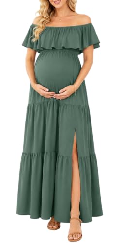 Talisea Maternity Off Shoulder Ruffle Maxi Dress Pregnancy Baby Shower - color: Green, size: Medium
