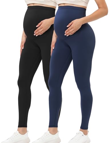 Buttergene Maternity Leggings Buttery-Soft 28'' Maternity Yoga Pants - color: 2pack Black/Navy, size: Large