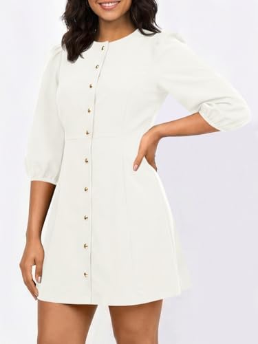 Wenrine Womens Work Mini Dress 3/4 Sleeve Button Down Business Dresses - color: White, size: Medium