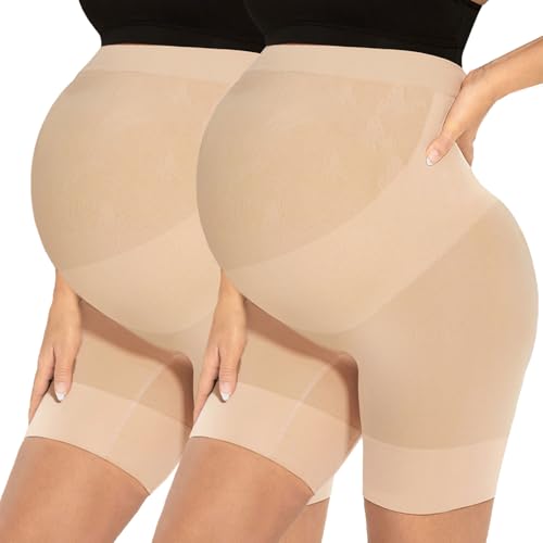 Narcissus "Bump Easy” Seamless Maternity Shapewear, All Day Comfort Mid-Thigh Belly Support Anti Chafing for Under Dresses - color: D. 2 Pcs Nude, size: Medium