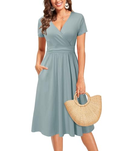 OUGES Casual Summer Dress for Women Wrap V Neck A Line Midi Dresses with Pockets - color: Blue, size: Medium