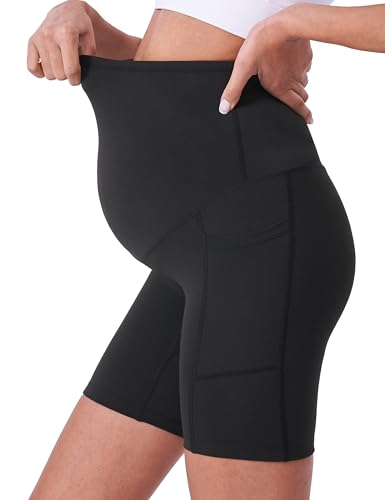 POSHDIVAH 3/4 Pack Maternity Biker Shorts Over The Belly with Pockets 5"/8" - color: Black/Black/Pink/Navy Blue 8", size: X-Large