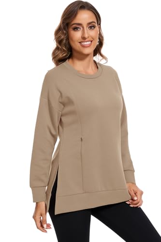 Smallshow Women's Nursing Sweatshirt Long Sleeve Breastfeeding Tops - color: Brown, size: XX-Large