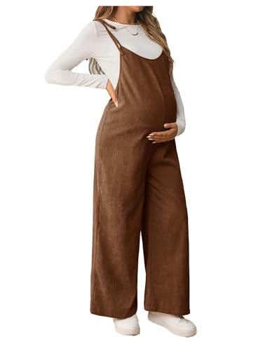 OYOANGLE Women's Maternity Overalls Spaghetti Strap Pregnancy Jumpsuits - color: Brown, size: XX-Large