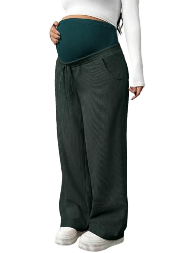 BLENCOT Maternity Pants Over Belly Wide Leg Pregnancy Casual Sweatpants - color: Blackish Green, size: Medium