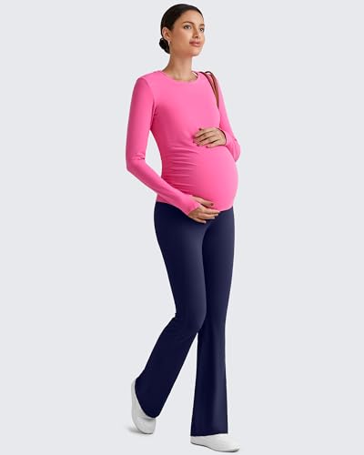 G4Free BareFeel Pregnancy Workout Tops Maternity Long Sleeve Shirts Ruches - color: Hot Pink, size: Small