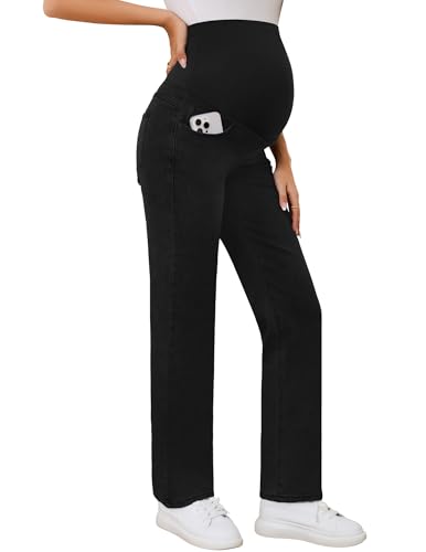 POSHGLAM Women's Maternity Jeans Straight Leg Over Belly Comfy Stretch Casual Denim Pants - color: A03 Black, size: XX-Large