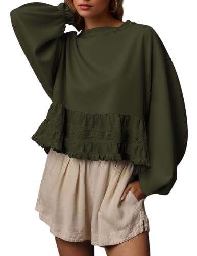 Burtell Crew Neck Crop Oversized Sweatshirts For Women Casual Long Puff Sleeve Babydoll Tops Loose Lace Patchwork Peplum Top - color: Army Green, size: Small