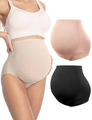 HOFISH Seamless Over-Bump Maternity Underwear, High-Waisted Panties - color: 2pack:black/Pink, size: Medium