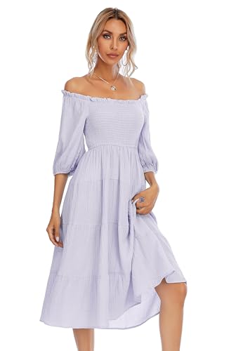 R.Vivimos Women's Cotton Off-Shoulder A-Line Midi Dresses - color: Light Purple, size: Medium