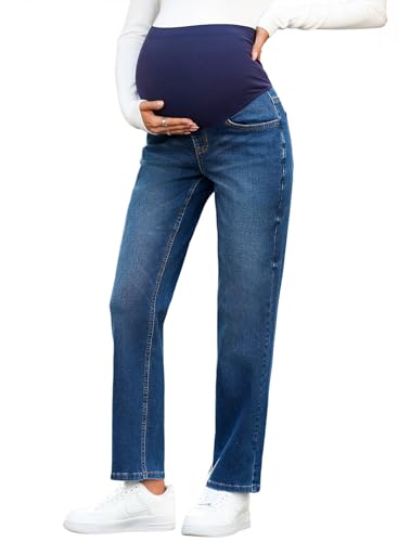 BLENCOT Women's Over Belly Maternity Ankle Jeans Stretchy Denim Pants - color: Bluing, size: Small