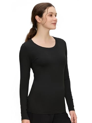 COZYFIT Underscrub Long Sleeve Women, Scrubs Undershirts, Deep Round Neck - color: Black, size: Small