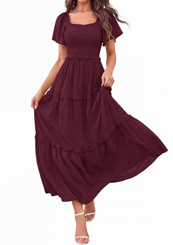 PRETTYGARDEN Womens Summer Dresses Boho Maxi Swiss Dot Dress - color: Wine Red, size: XX-Large