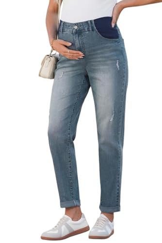 BLENCOT Maternity Jeans High Rise Stretchy Waistband Straight Leg - color: Sail Blue, size: Medium