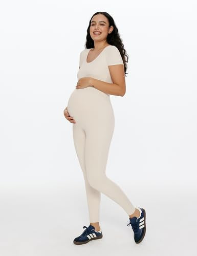 POSHDIVAH Maternity Jumpsuit Romper Leggings Short Sleeve - color: Beige, size: Large