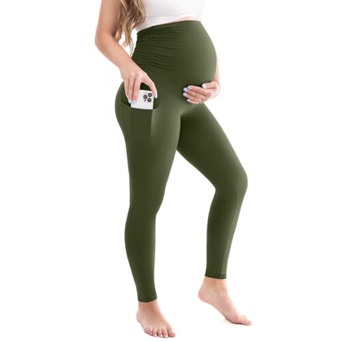 Leafigure Womens Maternity Pants with Pockets Over The Belly - color: Green, size: X-Large