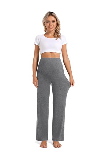 Foucome Women's Maternity Pants Wide Leg Pregnancy Work Pants - color: 2 Pack Black+melange Grey, size: X-Large