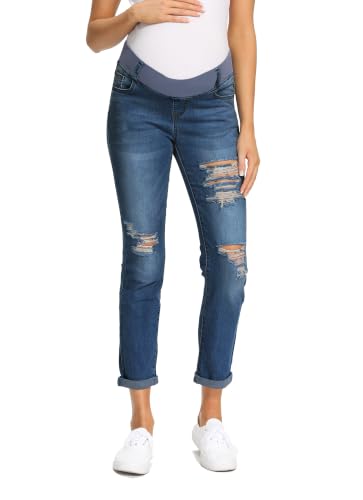 Foucome Women's Maternity Jeans Stretch Ripped Boyfriend Jeans - color: 066# - Dark Blue, size: Medium