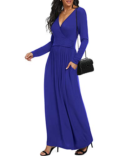 LILBETTER Women Long Sleeve Deep V Neck Loose Plain Long Maxi Casual Dress - color: Royal Blue, size: X-Large