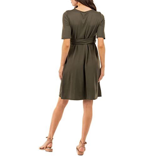 Mother Bee Maternity Knee Length Wrap Dress with Adjustable Belt - color: Dkolive, size: Large