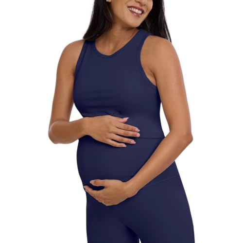 Motherhood Maternity Women's Ribbed Crop Racerback Pregnancy Workout Tank Top - color: Navy Blazer, size: Medium
