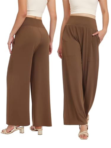 Wide Leg Pants Women Stretchy Sweatpants High Waisted Palazzo Pants - color: Brown, size: Medium
